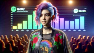 Realistic HD photo of a young female pop singer, with an alternative fashion sense and bright colored hair, standing on a stage in front of a virtual backdrop displaying Spotify's logo and a chart indicating a high-streaming hit song.