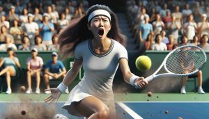 Create a hyperrealistic HD image of a dramatic moment in a women's tennis competition. Show a player with Asian descent in shock as she narrowly misses a return. Incorporate the ball almost hitting the baseline, suggesting a point about to be made.