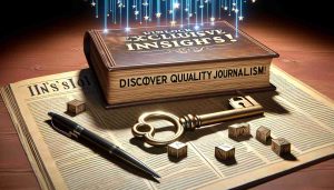 A hyper-realistic, high-definition image of a physical representation of the phrase 'Unlock Exclusive Insights! Discover Quality Journalism Today!'. The scene depicts a large vintage key, symbolizing 'unlocking', next to a book with pen symbolizing 'journalism'. The backdrop contains a constellation of stars, indicating 'insights'.