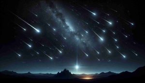 Realistic HD image of a spectacular celestial event featuring the Quadrantids Meteor Shower. Illustrate a dark starry sky, dotted with streaks of radiant meteors falling down. Include pinpoint details such as the radiant point of the shower and its trail. Also, ensure the composition is balanced with a view including some ground scenery for perspective, such as silhouette mountains or trees.