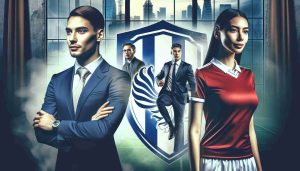 High-definition image depicting a significant turning point at a football club, symbolically represented by the emblem of the team prominently displayed. Around it are newly appointed leaders, described as follows: a Caucasian woman with sharp businesslike attire, a confident stance suggesting she's prepared for any challenge. Alongside her, a South Asian man with a firm expression, wearing sports gear indicating his readiness to lead on the field.