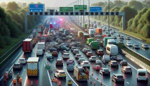 A realistic, high-definition image capturing a significant traffic snarl-up on a major motorway. The traffic is at a complete standstill, with a diverse array of vehicles including cars, trucks, and buses as far as the eye can see. The highway sign overhead displays 'M20 Closed Due to Serious Incident'. Orange cones and emergency vehicle lights add to the scene's chaotic atmosphere, suggesting a serious incident that has caused the extensive delay. Drivers are out of their vehicles, looking frustrated and anxious, while emergency personnel are seen in the distance attending to the incident.