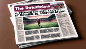 Realistic high definition image of a newspaper headline, with accompanying article text. The headline reads 'Is Stephen Robinson Leaving St Mirren?'. Underneath, there's the subheading 'The Truth Behind the Speculation!', followed by several paragraphs of blurred placeholder text, indicating a detailed article. In the background, a soccer stadium scene is present, to provide context to the news article.