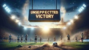 A high definition realistic depiction of a metaphorical scene signifying 'Unexpected Changes Leading to Victory.' It focuses on a soccer field, with the dust settling post-game, as the sun sets. The scoreboard hanging from the stands displays a triumphant, surprising victory. Soccer players exuding diverse ethnicities and genders express a mixture of exhaustion and elation, their jerseys stained with sweat and dirt. The notion of momentum is captured as a soccer ball rests by the goal post. The gleaming lights from the stadium add intensity and showcase a sense of anticipation for upcoming challenges.